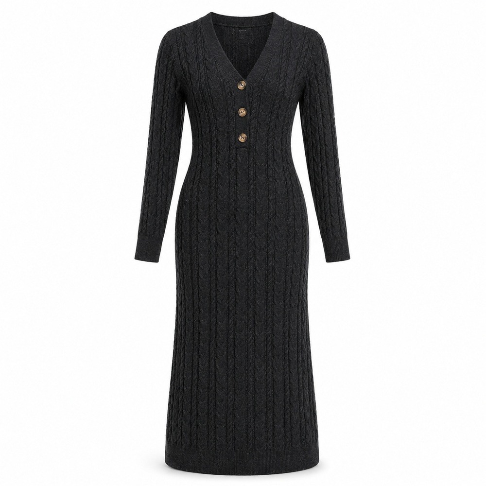 Lucky Brand Sweater Dress M Grey Cable Knit Henley Midi Dark Academia